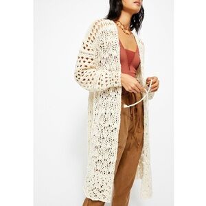 Free People Crochet Cardigan XS Cream Sweet Talker Coastal Longline‎ Hooded Boho